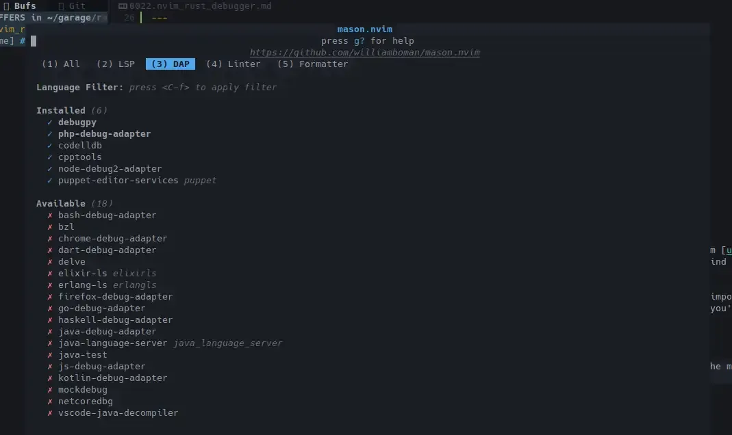 Nvim mason DAP list showing codelldb and cpptools installed