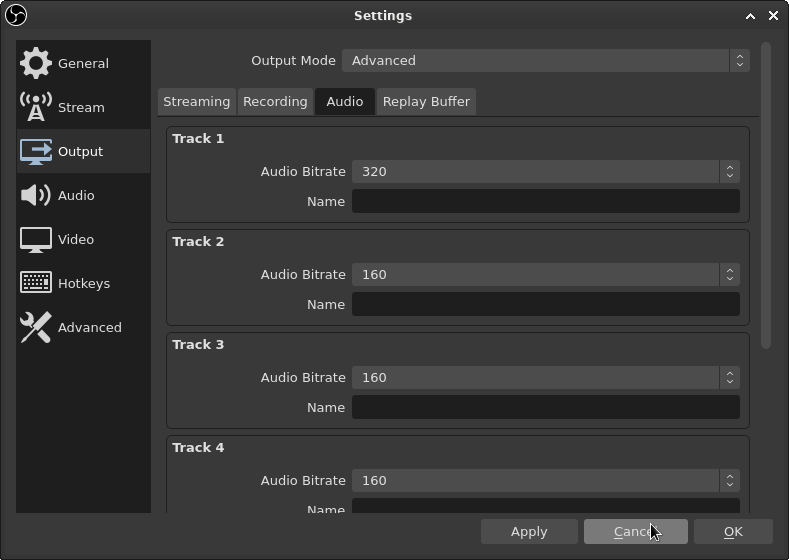 OBS output settings audio tab assign track bitrates