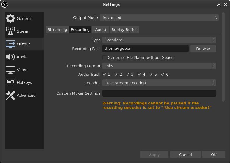 OBS recording settings enable multiple tracks