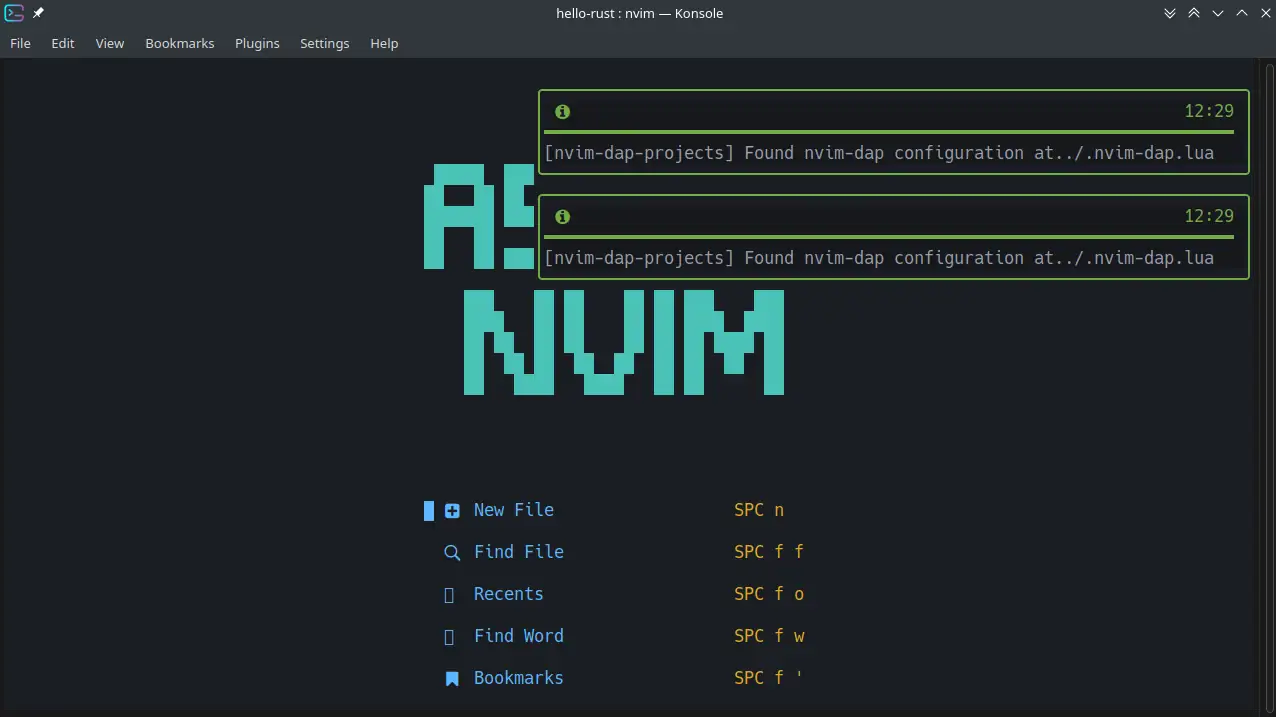 nvim-dap-projects notification showing that it found a local config