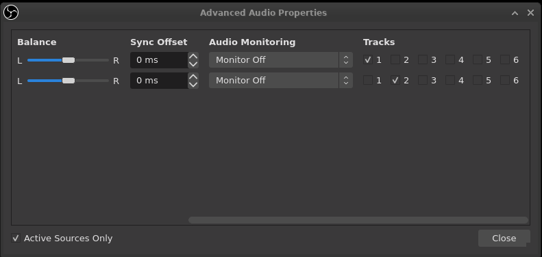 OBS advanced audio properties assigning tracks for each device